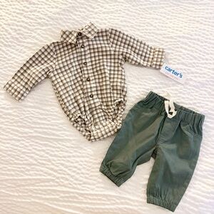Carter's Just One You Baby Boy 2pc Plaid Button-Up Bodysuit & Pants Set Green 3M